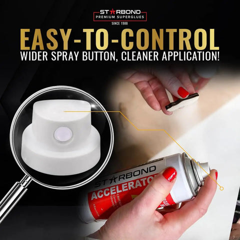 Close-up of CA Glue Activator Kit With Thin Medium And Thick 2 Oz Bottles And 6 Oz Accelerator shown with spray button focus