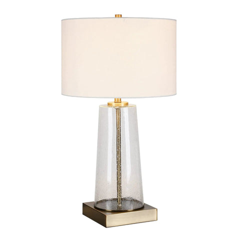 Tall 27 Inch Table Lamp With White Fabric Shade And Seeded Glass Base In Blackened Bronze Finish For Bedroom Nightstand Or Living Room Accent Lighting