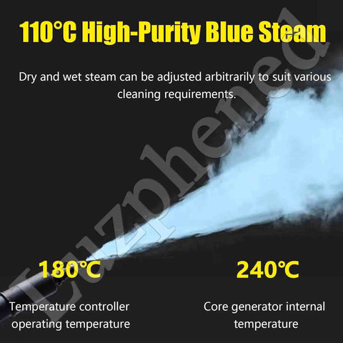 110°C High-Purity Blue Steam emission from handheld steam cleaner nozzle, showcasing temperature settings for versatile cleaning.