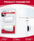 Wide Angle Frameless Blind Spot Mirrors For SUV Truck And RV With 360 Degree Rotating Convex Mirrors Two Pack packaging and dimensions.