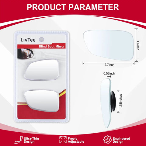 Wide Angle Frameless Blind Spot Mirrors For SUV Truck And RV With 360 Degree Rotating Convex Mirrors Two Pack packaging and dimensions.