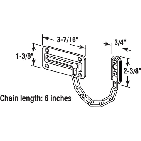 Illustration of Door Guard With Steel Chain For Inward Swing Doors In Satin Nickel Heavy Duty Diecast And Steel Construction