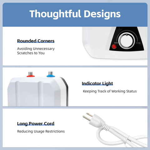 Under Sink Electric Water Heater 1.6 Gallon Tank 1500W featuring rounded corners, indicator light, and long power cord design.