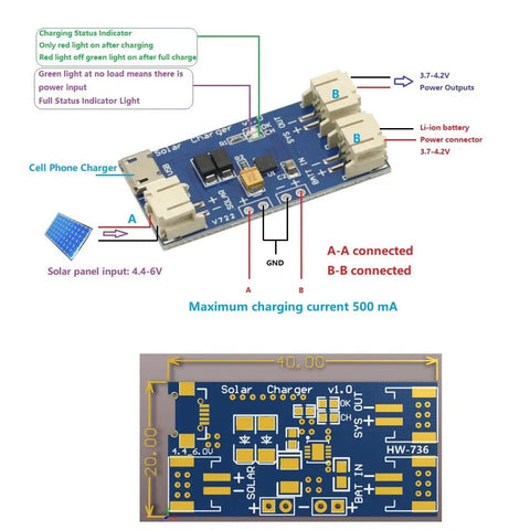 Hella Compact 3 Pack Solar Li Ion Battery Charger Board 500 Ma Cn3065 Chip with charging indicators and connections.