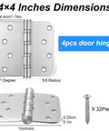 Heavy Duty Ball Bearing Door Hinges Set, 4x4 Inch Square, 304 Stainless Steel Brushed Finish Dimensions