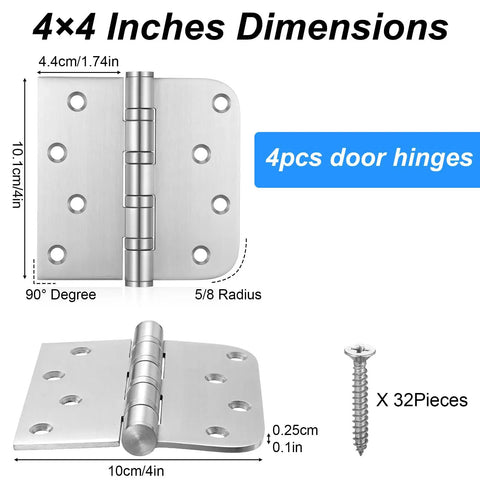 Heavy Duty Ball Bearing Door Hinges Set, 4x4 Inch Square, 304 Stainless Steel Brushed Finish Dimensions