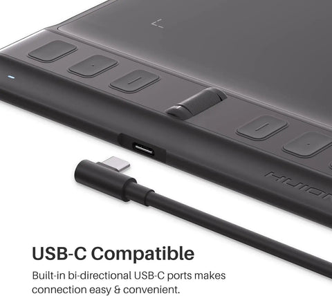 Close-up of the Compact Drawing Tablet With Slick Scroll Wheel And Ergonomic Stylus Delivering Sick Precision And Butter Smooth Pressure Response, showing USB-C port and buttons.