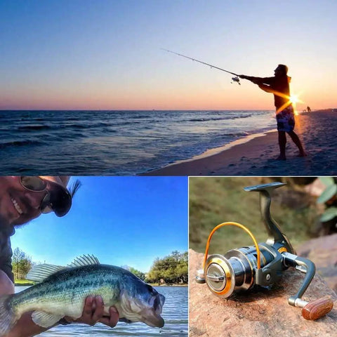 Angler casting with Smooth As Butter Spinning Fishing Reel With 11BB Bearing System And 5.2 To 1 Gear at sunset beach.