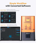 Halot R6 Resin 3D Printer For Kids And Beginners next to laptop displaying 3D model, showcasing simple workflow and concerted software.