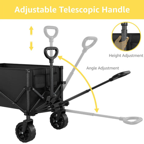 Adjustable handle of Beast Mode Hauler Collapsible Wagon With Wheels For Groceries And Gear, Folding Utility Cart With 330 Lb Load Capacity And 120L Interior, Perfect For Beach Trips, Shopping, Sports, Garden Tools, Easy Fold And Roll.
