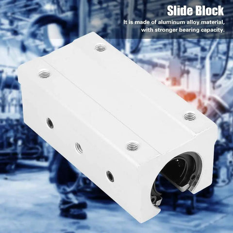 20mm Aluminum Alloy Linear Motion Ball Bearing Slide Bushing With Rock Solid Slide Unit And Dead Smooth Oxidized Rail For Heavy Duty Transmission Systems close-up of aluminum slide block with ball bearings.