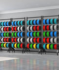 Heavy Duty Five Tier Rolling Wire Spool Rack For 3D Printer Filament Organizer With Slick Rollers Shop Storage Solution Keeps Your Workspace Legit And Hassle Free In Matte Black displaying colorful filament spools.
