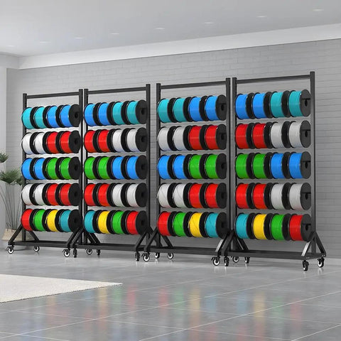Heavy Duty Five Tier Rolling Wire Spool Rack For 3D Printer Filament Organizer With Slick Rollers Shop Storage Solution Keeps Your Workspace Legit And Hassle Free In Matte Black displaying colorful filament spools.
