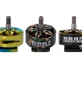 Three 2207 1960Kv drone motors in different colors: gold, camouflage, and black, with durable aluminum housing and bearings