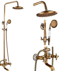 Top Shelf Antique Brass Shower System With Swivel Tub Spout And Adjustable Handheld Sprayer Featuring 8 Inch Rain Shower Head.