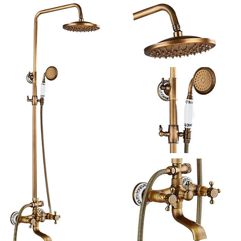 Top Shelf Antique Brass Shower System With Swivel Tub Spout And Adjustable Handheld Sprayer Featuring 8 Inch Rain Shower Head.