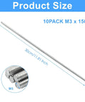 Heavy Duty 304 Stainless Steel M3 Threaded Rods 300mm Long with M3 fasteners shown in 10 pack and size details.