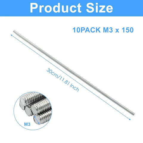Heavy Duty 304 Stainless Steel M3 Threaded Rods 300mm Long with M3 fasteners shown in 10 pack and size details.