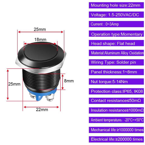 Two Pack 22mm Momentary Push Button Switch 1NO SPST With Screw Terminals 3A Rating At 12V 24V 36V DC And 110V 250V AC IP65 Waterproof Aluminum Alloy Shell Black Finish Easy Wire Contact, black flat-head 22mm panel switch