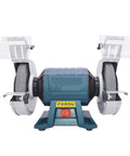 Heavy Lifter Dual Wheel Bench Grinder With Rock Solid Stability For Deburring Sharpening Steel And Aluminum Shop Grade Vertical Tool With 600 Watt Motor, front view with safety shields.