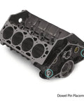 Chevy SBC/BBC gray cast-iron engine block front view showing bellhousing dowel-pin placement marks