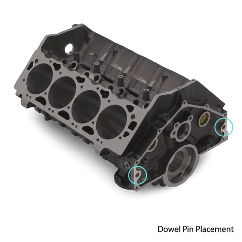 Chevy SBC/BBC gray cast-iron engine block front view showing bellhousing dowel-pin placement marks