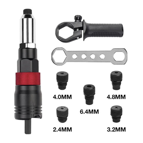 Cordless Riveting Gun Kit With Brushless Motor for Fast Nut Insert Riveting, showing nozzles, wrench, and handle.