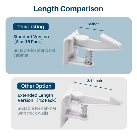 Length comparison of Baby Proof Cabinet Locks with 3M Adhesive Easy Install No Tools Needed No Drilling Universal Fit 8 Pack