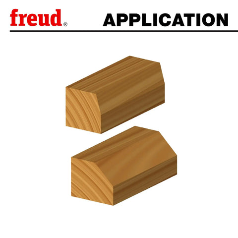 Wood trim with 45-degree chamfer edge using 2-1/2 inch chamfer bit with 45 degree cutters, 1/2 inch shank, dual carbide for woodworking projects.