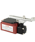 Side view of adjustable roller limit switch with red housing, black top, and metal roller lever