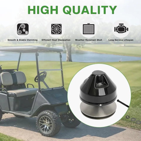 Primary Drive Clutch For EZGO Marathon 2 Cycle Gas Golf Cart 1976 1988 OEM 23192 G1 Replacement Bolt On Aluminum Durable High Quality Direct Fit Sturdy Alloy Cast For Longevity And Heat Dissipation, black drive clutch shown with EZGO golf cart