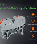 Side view of No Sweat Universal DIN Rail Terminal Blocks Kit showing flame-retardant nylon housing and lever locking design.