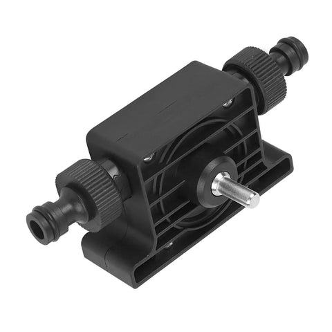 Compact Electric Drill Water Pump For Rapid Fluid Transfer showing 15mm port connections for efficient fluid movement tasks.