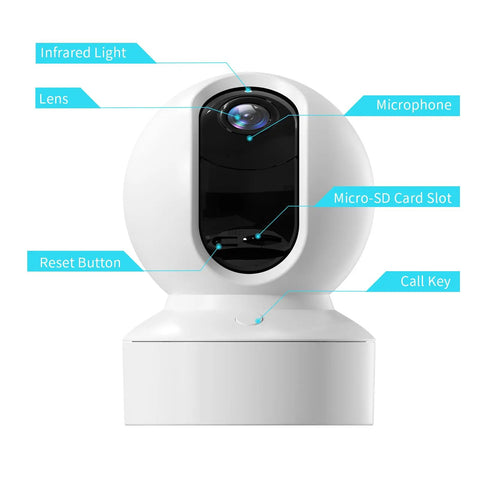 Front view of 2K HD Pet Camera With 360 Degree Pan Tilt 8X Optical Zoom Night Vision Motion Tracking Alarm showing lens and features.