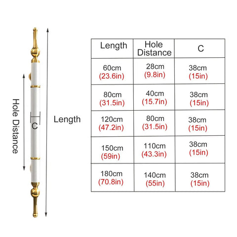 Diagram of H Shape Barn Door Handle Set Stainless Steel Push Pull For Glass And Wood Doors 59 Inch Long Black Gold Finish Built Tough Rust Resistant For Interior And Exterior Use with dimensions table.