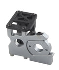 Front view of 1/8-scale RC brushless motor mount bracket; silver aluminum base with black mounting plate