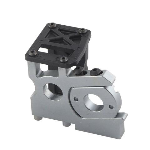 Front view of 1/8-scale RC brushless motor mount bracket; silver aluminum base with black mounting plate