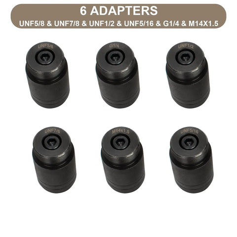 Hydraulic Nitrogen Accumulator Charging Kit With Seven Adapters And Three Analog Gauges For Easy Fill - Six black threaded adapters