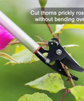 32 Inch Cut And Hold Pruner With Rotating Cutter Head For Long Reach Pruning shown cutting rose bush without bending