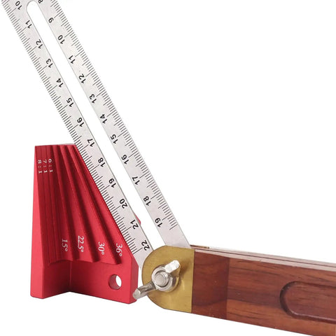 Bevel Gauge Block For Woodworking Universal Miter Angle Finder with 15 to 45 Degree Presets, shown with dual purpose wooden handle.