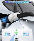 Tesla To J1772 Charging Adapter With 80 Amp Max Supporting 250 Volts For Lightning Fast Electric Vehicle Charging Compatible With Tesla Destination Chargers And Mobile Connectors No Sweat Setup White connected to EV with visual charging data.