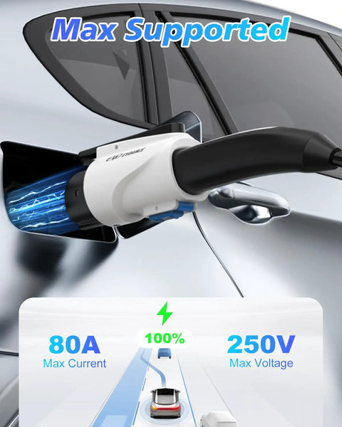 Tesla To J1772 Charging Adapter With 80 Amp Max Supporting 250 Volts For Lightning Fast Electric Vehicle Charging Compatible With Tesla Destination Chargers And Mobile Connectors No Sweat Setup White connected to EV with visual charging data.
