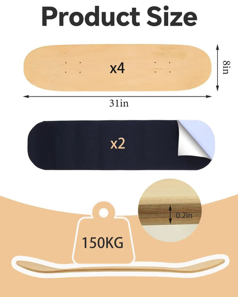 Product dimensions for Blank Skateboard Decks 31 By 8 Inch Four Pack 7 Layer Maple Double Tail Boards measurement diagram.