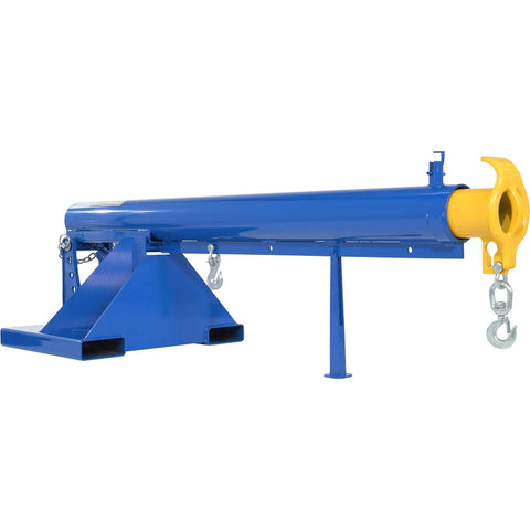 Heavy Duty Orbital Telescoping Boom Lift 4000 Pound Capacity Smooth Swivel Base And Rugged 24 Inch Forks side view with hooks.
