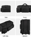 Ultra large military grade rolling duffle bag with wheels, 120L capacity, side, front, left side, and bottom views, durability for rough outdoor use.