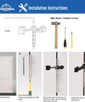 Installation instructions for Super Sturdy Hinge Pin Door Stoppers 36 Pack Adjustable Wall Savers, featuring tools and steps.