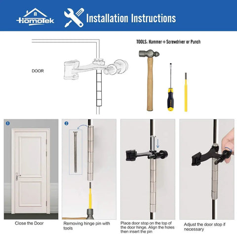 Installation instructions for Super Sturdy Hinge Pin Door Stoppers 36 Pack Adjustable Wall Savers, featuring tools and steps.