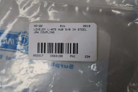 Five Eighth Inch Bore Steel Jaw Coupling Hub L075 Series Beefy Industrial Shaft Coupler for Power Transmission, Rugged Metal Coupler for Machinery, 10688 Style D563199. Label on bag