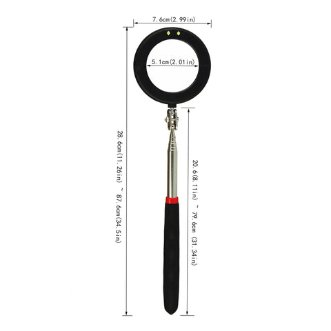 Telescoping 360 Degree Inspection Mirror With 2 LED Lights On Extendable Flexible Stick Dual Mirror Set, dimensions shown