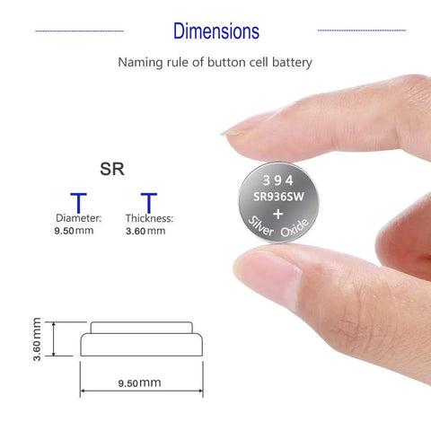 Grab These Top Shelf 394 Sr936Sw Silver Oxide Watch Batteries Serving As Knockout Replacement Button Cells With Rock Solid 1.55V Power In A Sweet 10 Pack, showing dimensions held in hand.